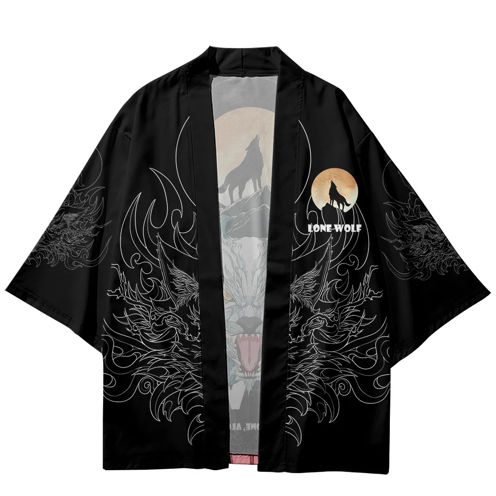 Fashion Oversized Lone Wolf Print Cardigan Women Men Japanese Kimono Harajuku Cosplay Shirts Yukata Haori Plus Size 6XL 5XL