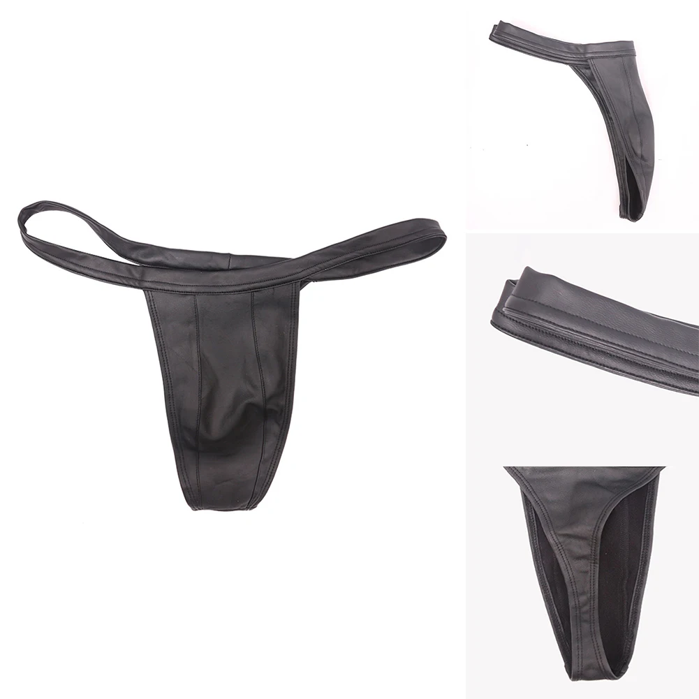 

Narrow Crotch PU Leather Briefs Elastic Fit PU Leather Material Daily Wear Thongs For Men Black As Pictures Show