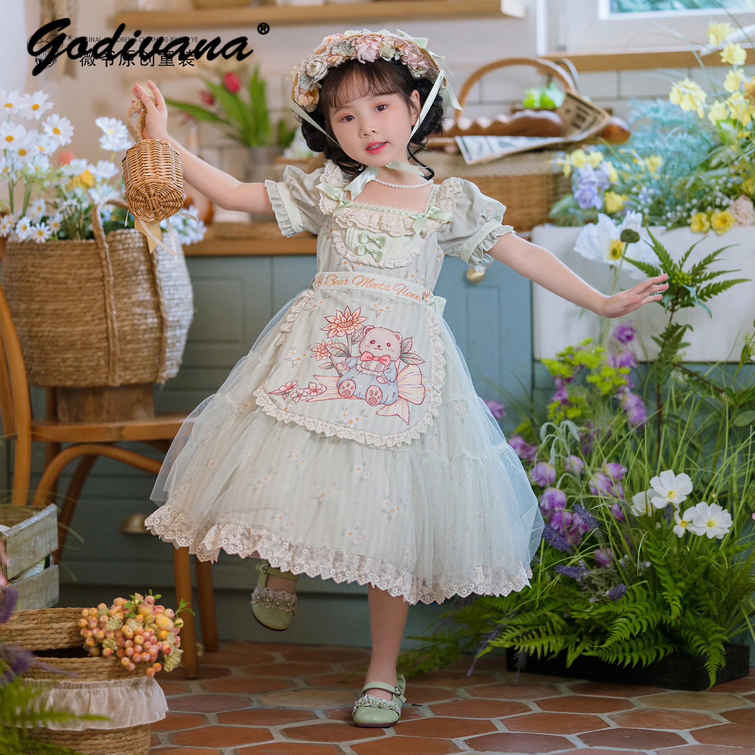 Original 2026 New Summer Baby Girls Cute Print Bubble Sleeve Princess Lolita Dress Kids Sweet Floral Mesh Patchwork Tutu Gown