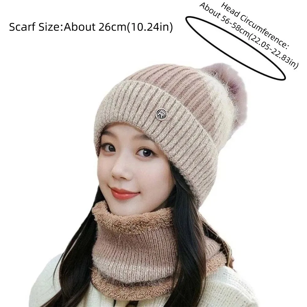 Topi Dome Elastis dan Syal Set Bola Bulu Lembut Topi Pullover Musim Dingin Serat Akrilik Topi Beanie Trendi Penghangat