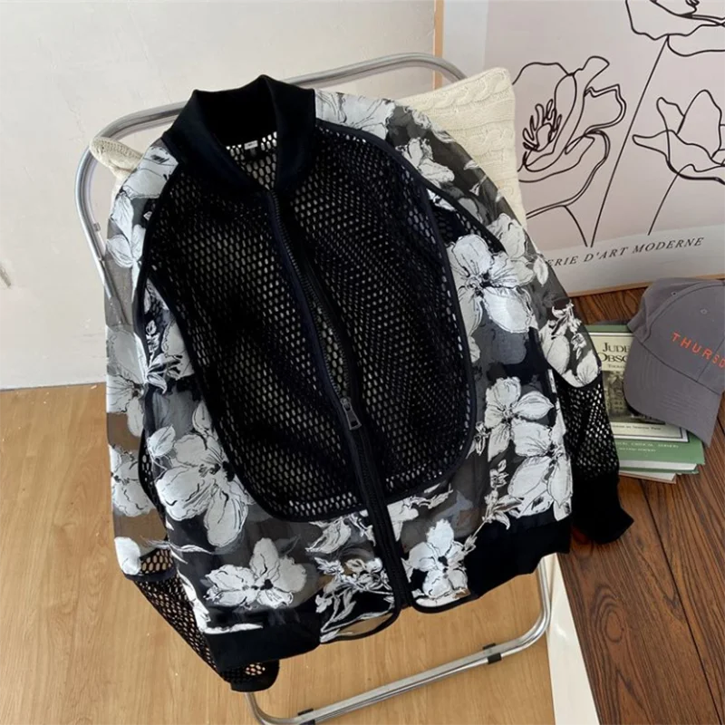 

Новинка 2026: Ультратонкая полупрозрачная бейсбольная куртка из органзы с узором «Ветреные цветы» для молодых пар и онлайн-знаменитостей, солнцезащитная