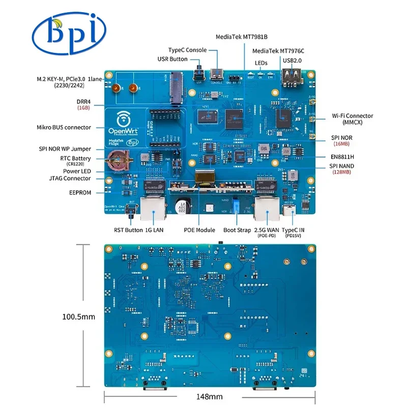 Маршрутизатор Banana Pi OpenWrt One с открытым исходным кодом MT7981B Разрешение для чипа 1 ГБ DDR4 2,5 ГБE RJ45 и Gigabit Ethernet