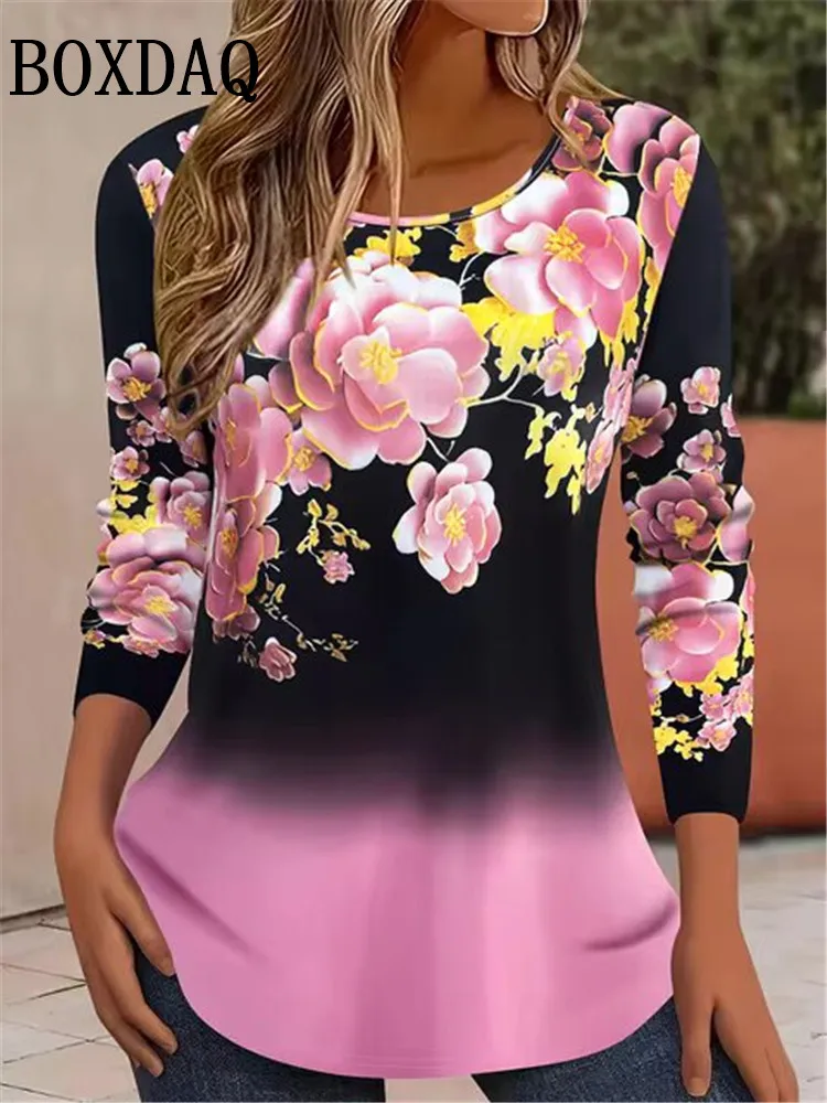 女性用長袖ラウンドネックTシャツ,ルーズフィット,ルーズフィット,カジュアルファッション,秋