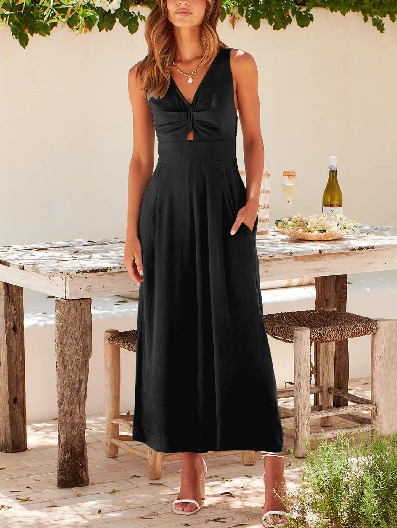 

Ladies' elegant black sleeveless V-neck high waisted wide leg jumpsuit - chest hollow design simple and comfortable