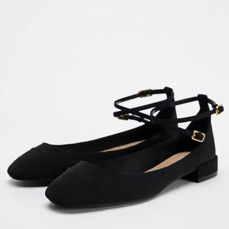 TRAF, zapatos de Ballet negros de tacón bajo para mujer, zapatos elegantes con punta redonda y correa en el tobillo, zapatos Mary Jane de otoño 2024, zapatos individuales de boca poco profunda para mujer