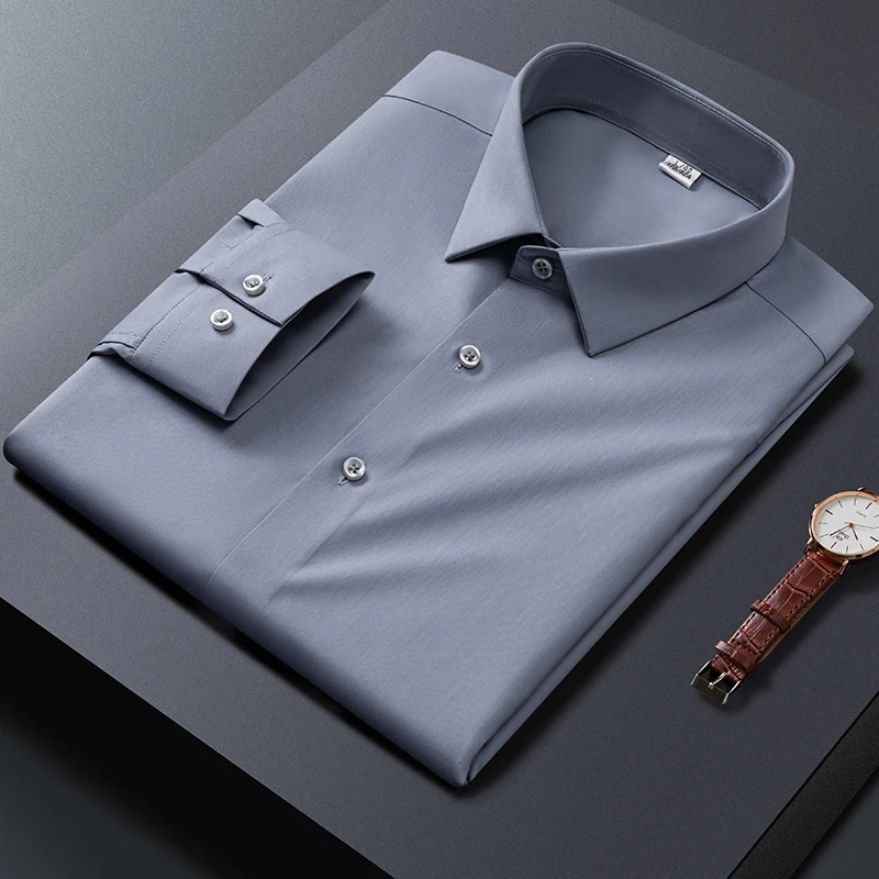 New in shirt Bamboo fiber elastic long sleeve shirts for man slim fit formal plain shirt office elegant designert white clothes