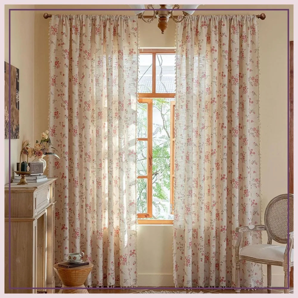 

52x84 Inch Floral Curtains 2 Panels, Semi-Sheer Light Filtering Rod Pocket Window Drapes for Living Room Bedroom