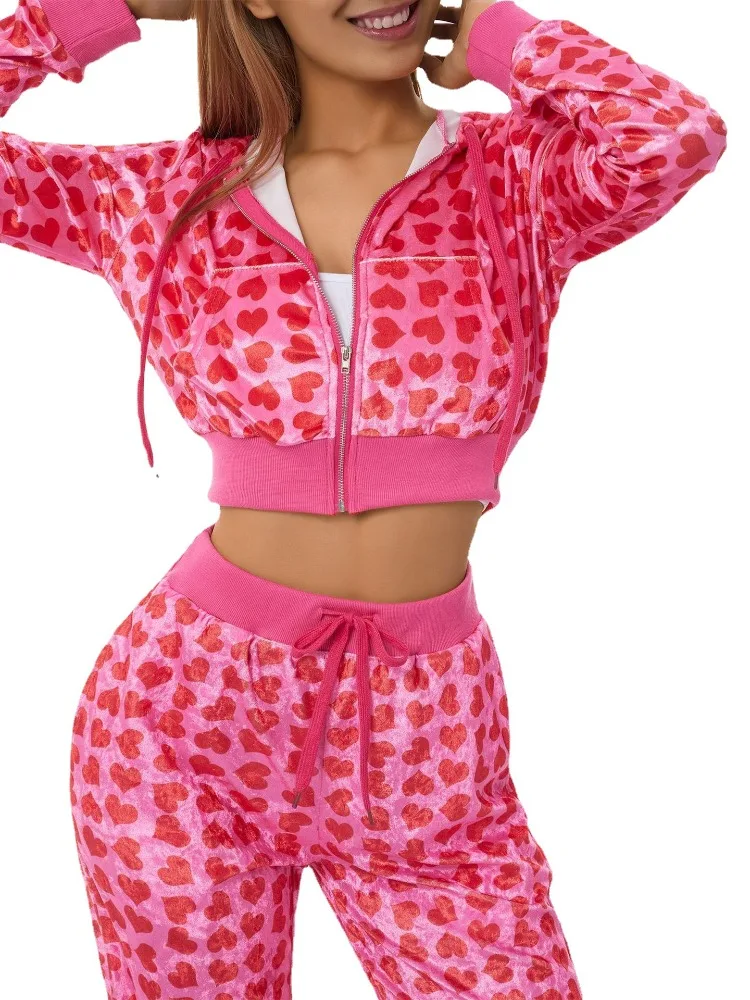 Women Pink Heart Print Velvet Crop Hoodies Zip Up Y2K Long Sleeve Cropped Sweatshirts Coat