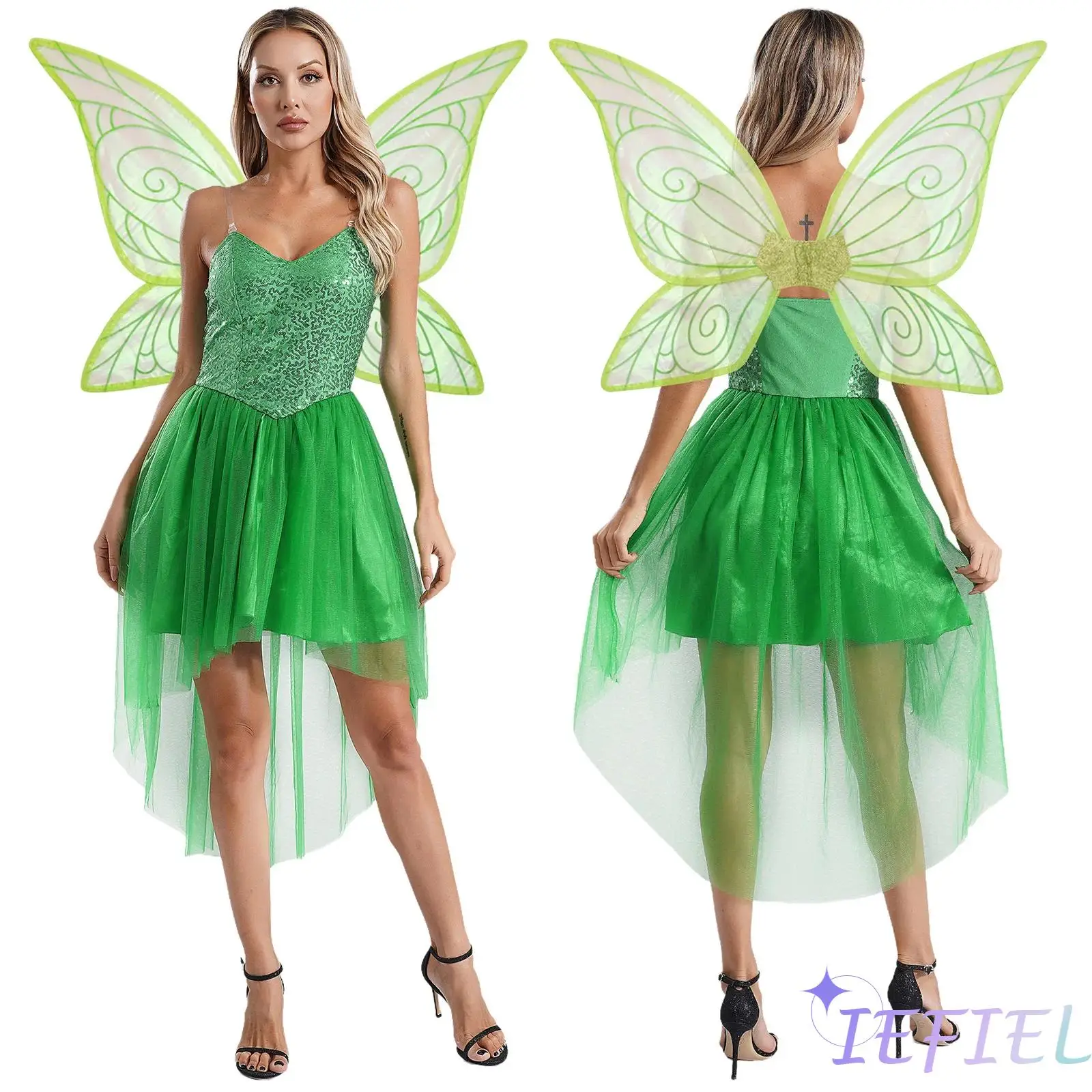 Vrouwen 2 Stuks Sprookje Elf Cosplay Kostuum Pailletten Sling Jurk met Vleugels Halloween Xmas Carnaval Festival Party Prestaties Pak