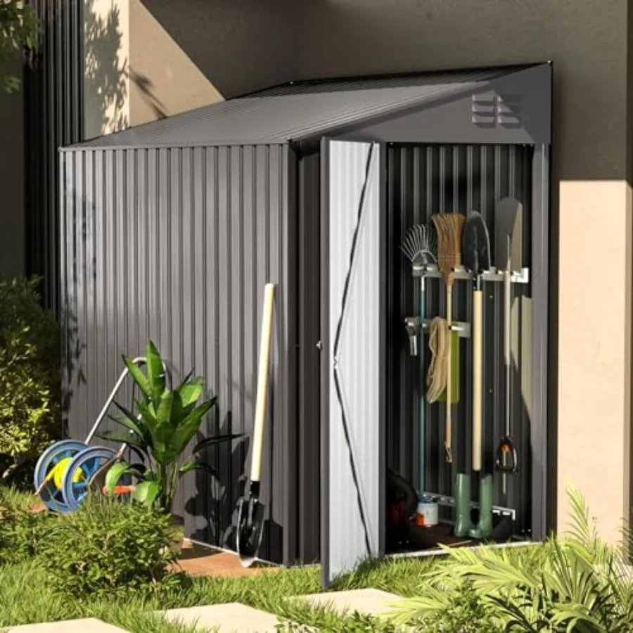 

4' x 6' Lean to Shed Small Metal Outdoor Storage Shed for Garden Backyard and Outdoor Use in Dark Grey Wall Side Sheds Outdoor