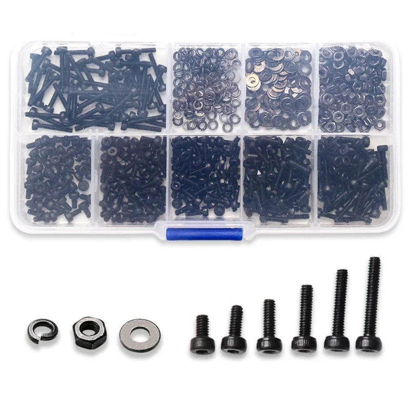 600Pcs M2 Screws Set - Carbon Steel Hex Socket Head Bolts, Nuts & Washers Assortment Kit M2 x 4/6/8/10/12mm