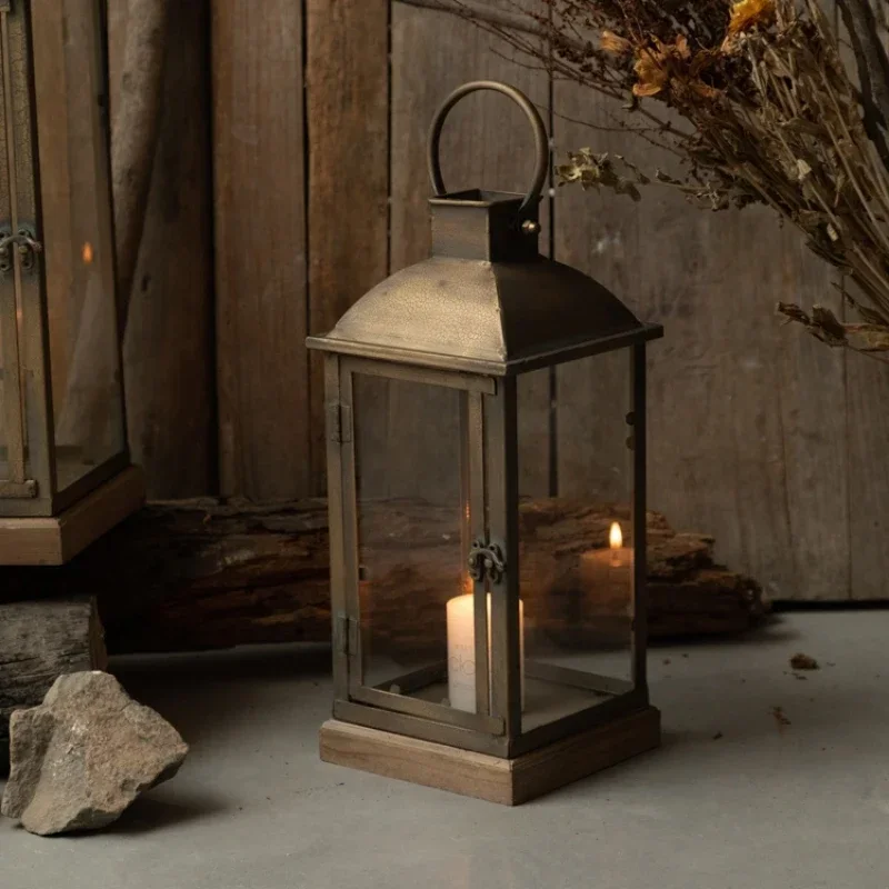 

Nordic Minimalist Iron Art Wind Lamp Home Homestay Retro Decoration Glass Windproof Candle Stand Courtyard Decoration