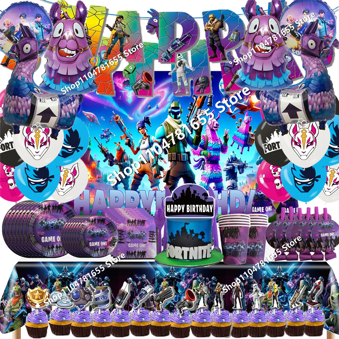 Fortnite – décoration de fête d'anniversaire pour enfants, ensemble de vaisselle à thème, ballons, fournitures de bannière heureuse, cadeaux pour enfants, fournitures d'anniversaire