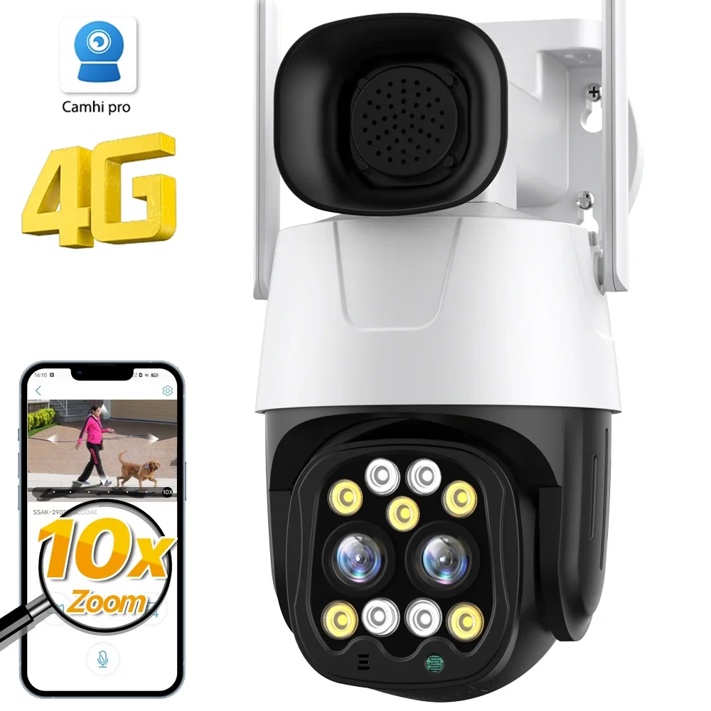 

WONSDAR 4G IP-камера с SIM-картой, 10-кратным зумом, Wi-Fi, PTZ, HD, уличная камера с двумя объективами, AI-отслеживанием, для видеонаблюдения, приложение Camhi