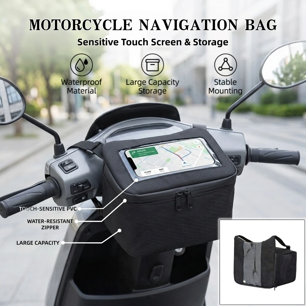 Motorcycle Handlebar Front Dashboard Bag, Waterproof Touch Screen Phone Navigation Hanging Storage Pouch for E-bike, Riding Acce