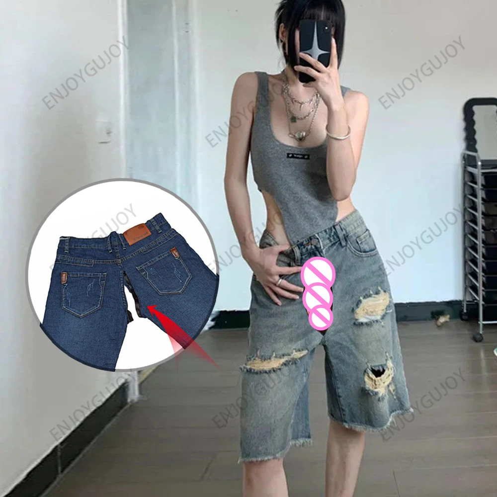 

Jeans High Street Ripped 5-Point Pants,Women's Denim Shorts,Invisible Open Crotch Outdoor Sex,Summer Retro Straight-Leg Pant