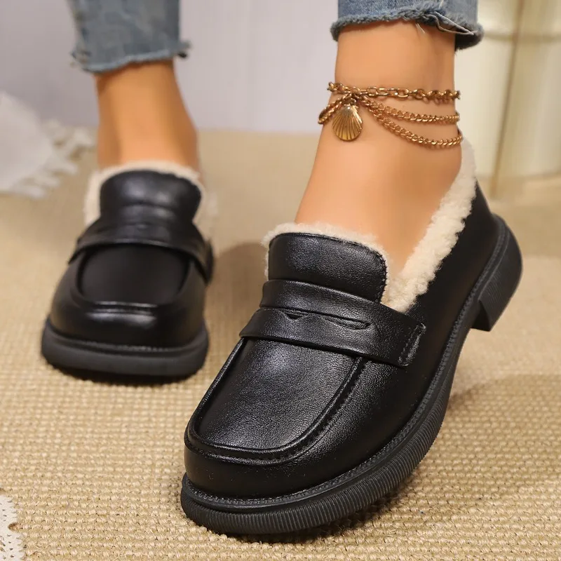 Leather Women Office Lady Shallow Flats Snow Boots New Trend Short Plush Warm Women Shoes Winter Casual Cozy Walking Boots