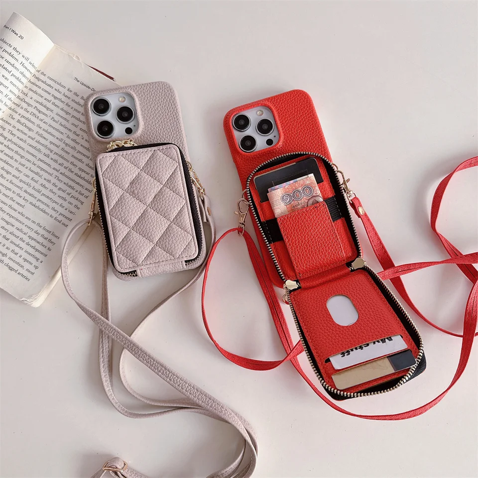 Zipper Crossbody Lanyard Wallet Card Holder Phone Case for iPhone 15 Pro Max 14 Plus 13 12 11 7 8 SE 2022 PU Leather cover