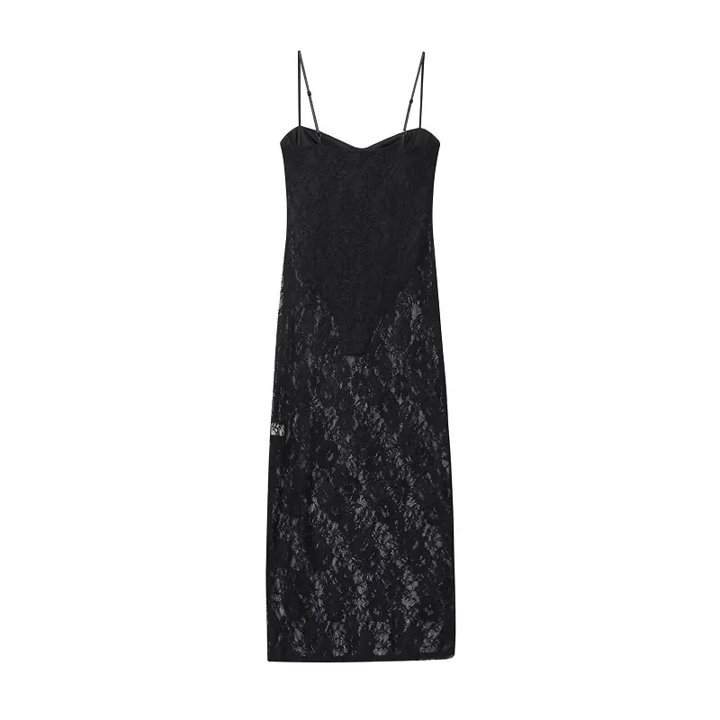 MUJER 블랙 레이스 롱 드레스 여성 바디수트 코르셋 미디 드레스 여성 섹시 백리스 슬립 드레스 여성용 세미 시어 파티 드레스