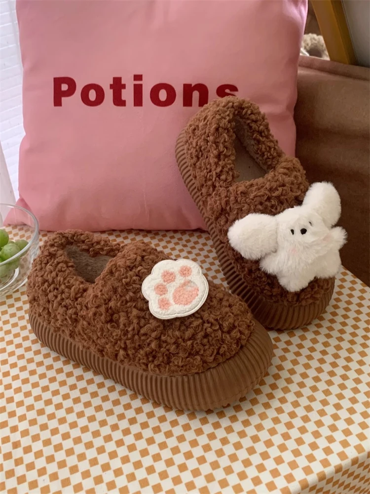 

Women Home Slippers Indoor Household Winter Warm Lamb Wool Cotton Shoes Cute Bunny New Versatile Casual Bread Shoes For Women