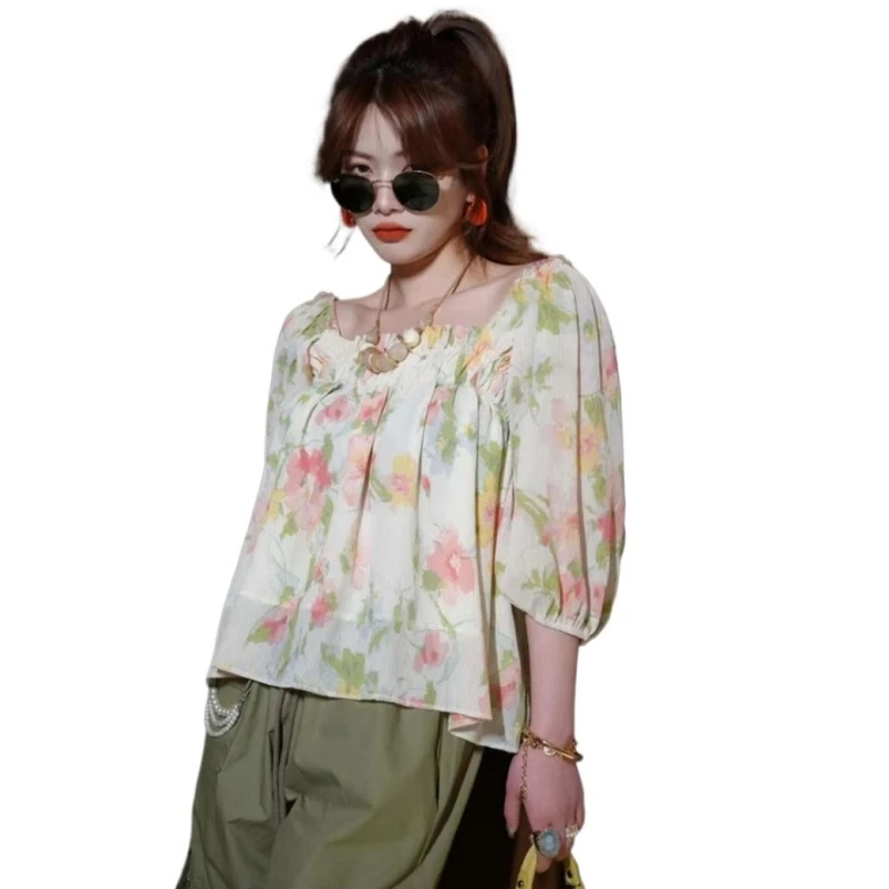 Summer Women Chiffon Sweet Floral Printed Top Square Collar Half Sleeve Slim Prairie Chic Feminine Vintage Thin Shirts Blouses