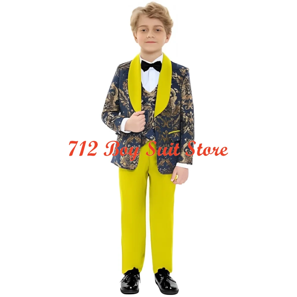 Traje Jacquard dorado para niños, conjunto de 3 piezas para boda, chaqueta ajustada, pantalones, chaleco, esmoquin, trajes formales