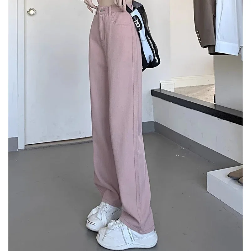 Woman Vintage Wide Leg Jeans Girls High Waist Pants Female Fashion Black Black Grey Retro Blue Light Blue Pink Denim Trousers