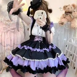 Japanese Kawaii Lolita Jsk Y2k Skirt Small Idol Gothic Black Short Skirt Women Sweet Bow Ruffles Bandage High Waist Strap Skirts