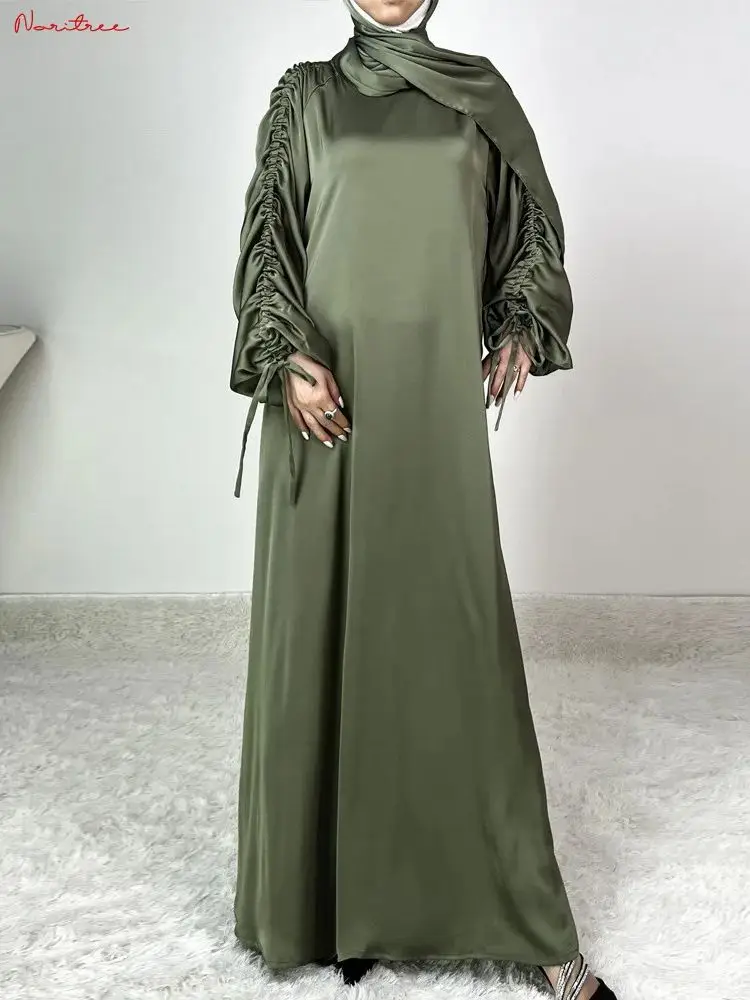 Ramadan Fashion Dubai Shilky Muslim Dress female Islamic Kaftan Robe Musulman Abaya With Ribbons Sleeve Dress wy2090