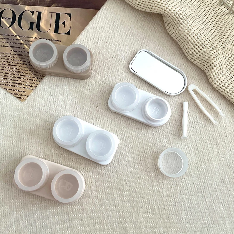 Mini Simple White Contact Lens Case Double Box Storage Holder With Mirror Eye Care Box Contact Lens Organizer Kit Gift Portable