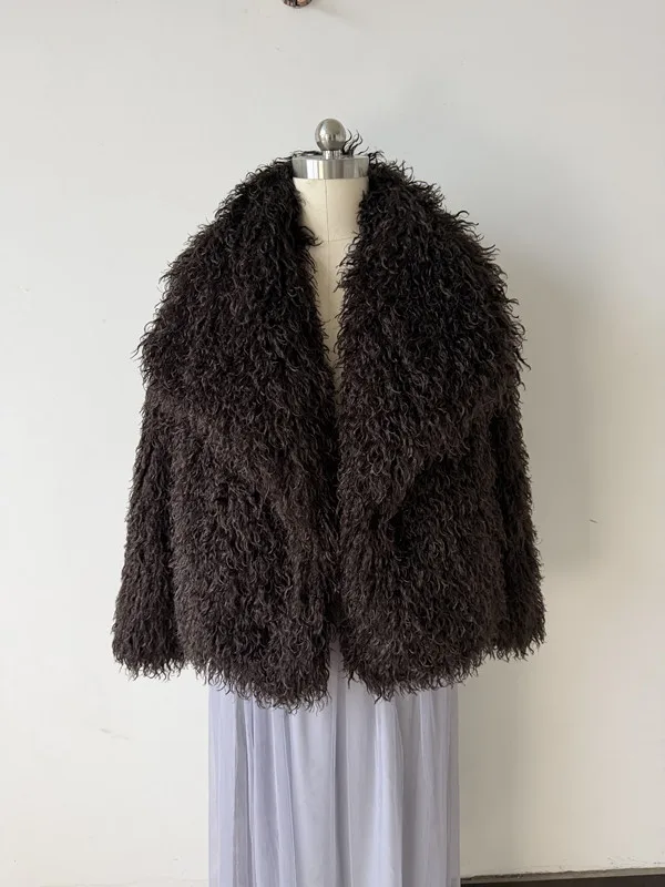 Faux Mongolia Sheep Fur Coats Women Solid Short Jackets Turn Down Collar Open Stitch Thick Straight Casual 2026 Autumn Winter