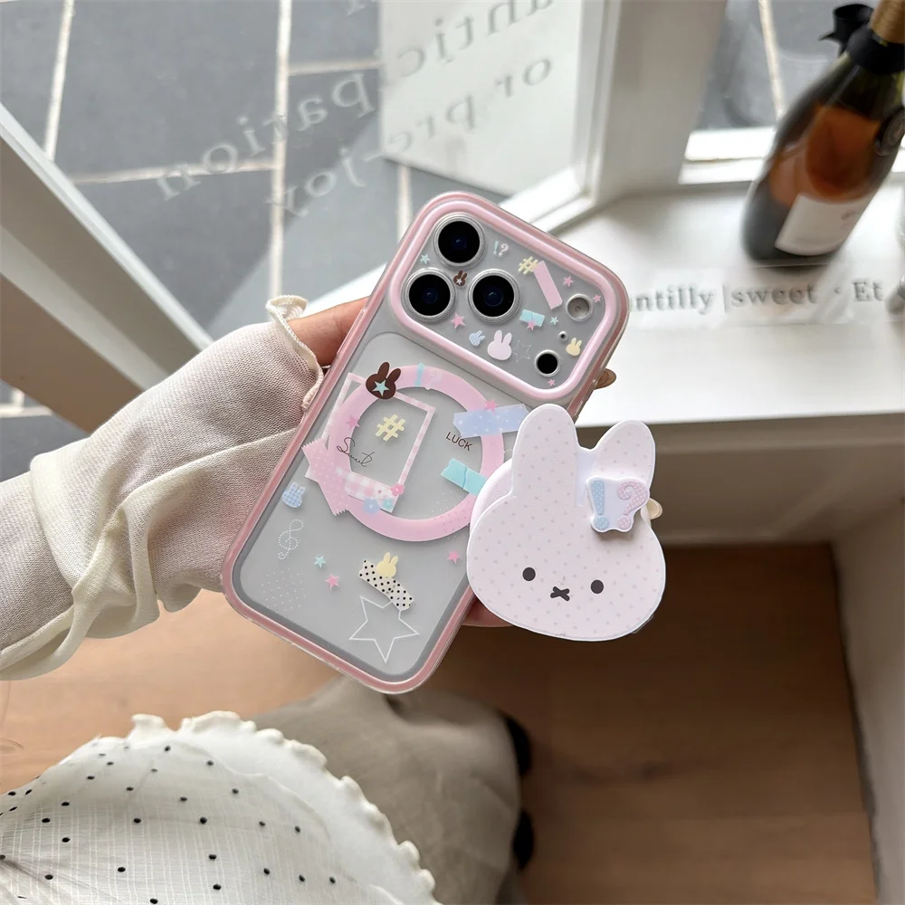 

INS Star Rabbit Kawaii Magnetic Phone Case for iPhone 17 Pro 16 15 17 16 Pro Max Cover With Magsafe Miffy Rabbit Stand Cute Case