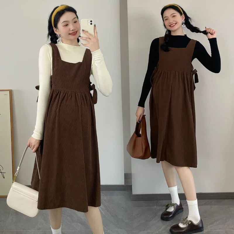 

2024 Spring Solid Color Maternity Clothes Set Long Sleeve Top+bowknot Strap Dress Twinset Elegant Pregnant Women's Dress Suits