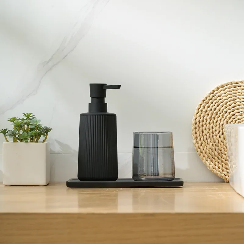 Hand Soap Dispenser for Bathroom and Kitchen, Modern Farmhouse Striped Style Plastic Matte Black