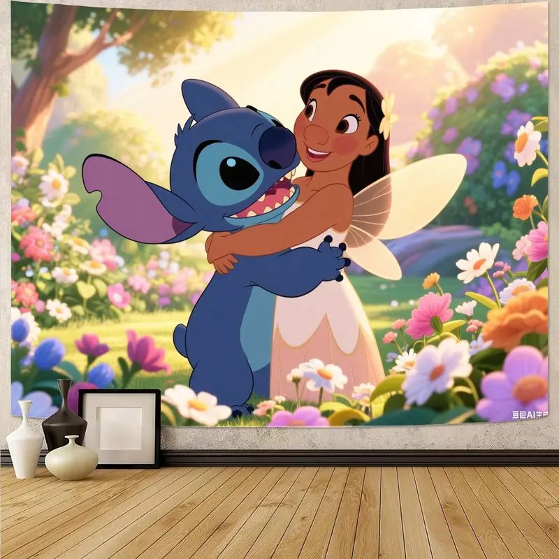 

1 шт. милый гобелен Disney Lilo & Stitch с цветочным рисунком, красочный настенный художественный декор для спальни, гостиной, домашнего декора, подарок для фанатов Диснея