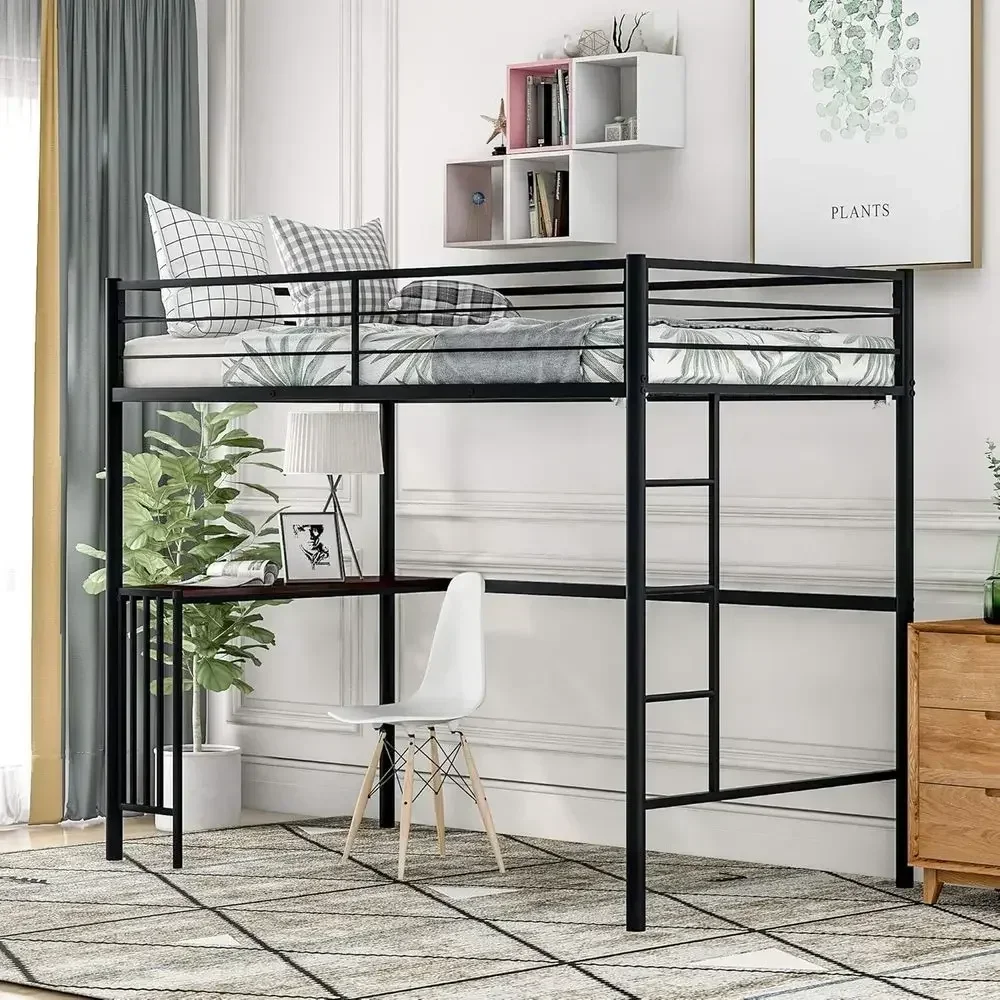 Metal Twin Bed with Desk, Ladder, and Full-Length Guardrail - Space-Saving Design for Kids and Teens, Ideal for Online Learning