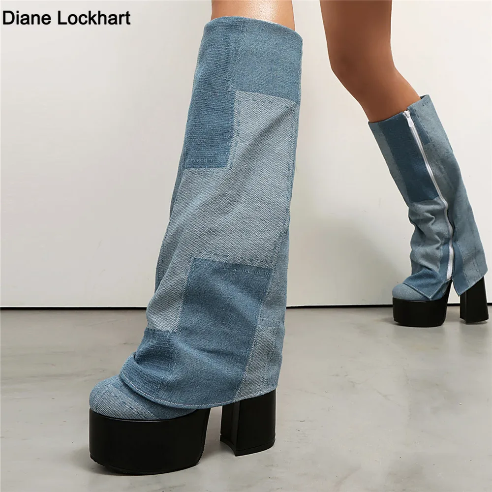 

Punk Denim Turned-over Edge Knee High Boots for Ladies 14cm High Heel Platform Thick Sole Winter Party Women Shoes