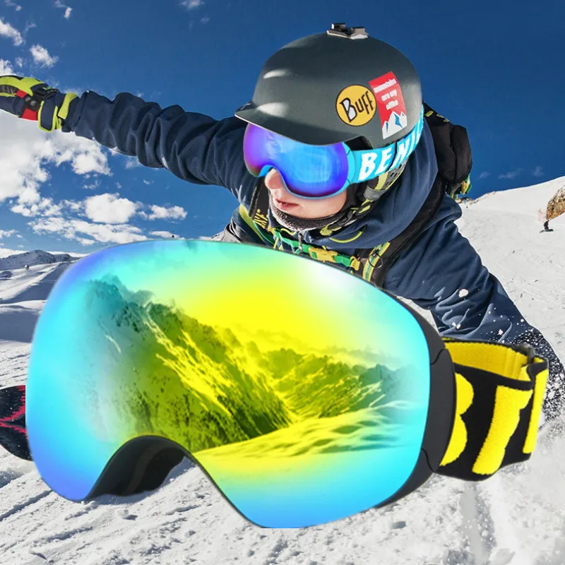 Benice Winter Magnetic Snowboard Ski Goggles, REVO Coating, Double Layer, Anti-Fog UV400 Wide Angle Spherical Big Vision Glasses