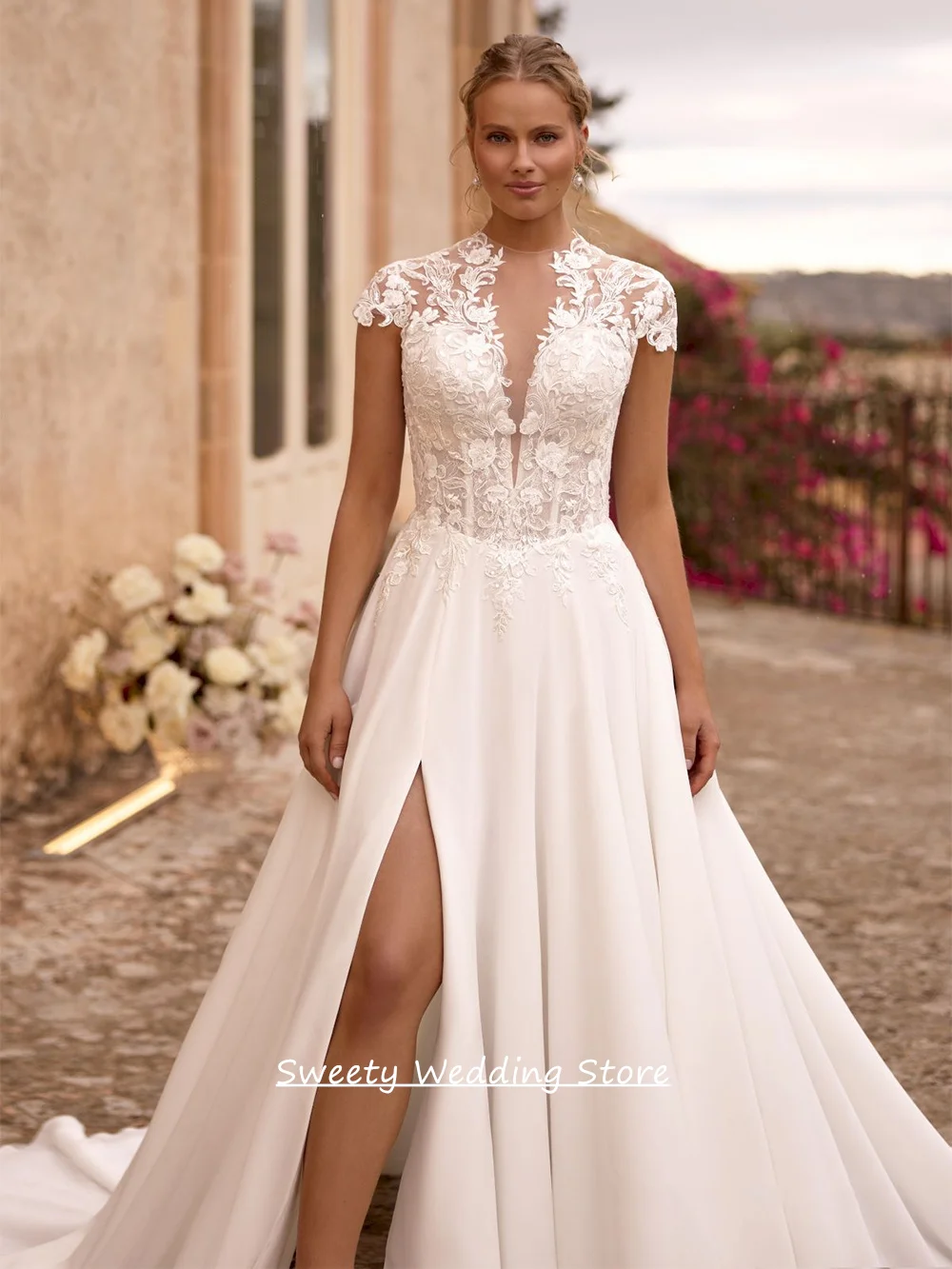 

Woman Wedding Dress Customized Cap Sleeves Round Neck Open Back Slit Sweep Train Beach Chiffon Bridal Gown Robe Mariee