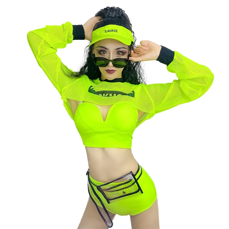 Fluorescence Green Jazz Dance Performance Stage Costume Adult Tank Top Kpop Outfit Nightclub Bar Dancer Rave Outfit YS4501