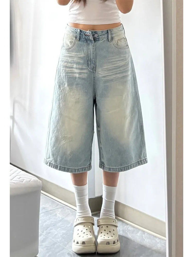 

Retro Korean Sle Distred Design Women's Jeans High Waist Wide Leg Pants Casual Summer New Lazy Seven-Five Straight Leg P...
