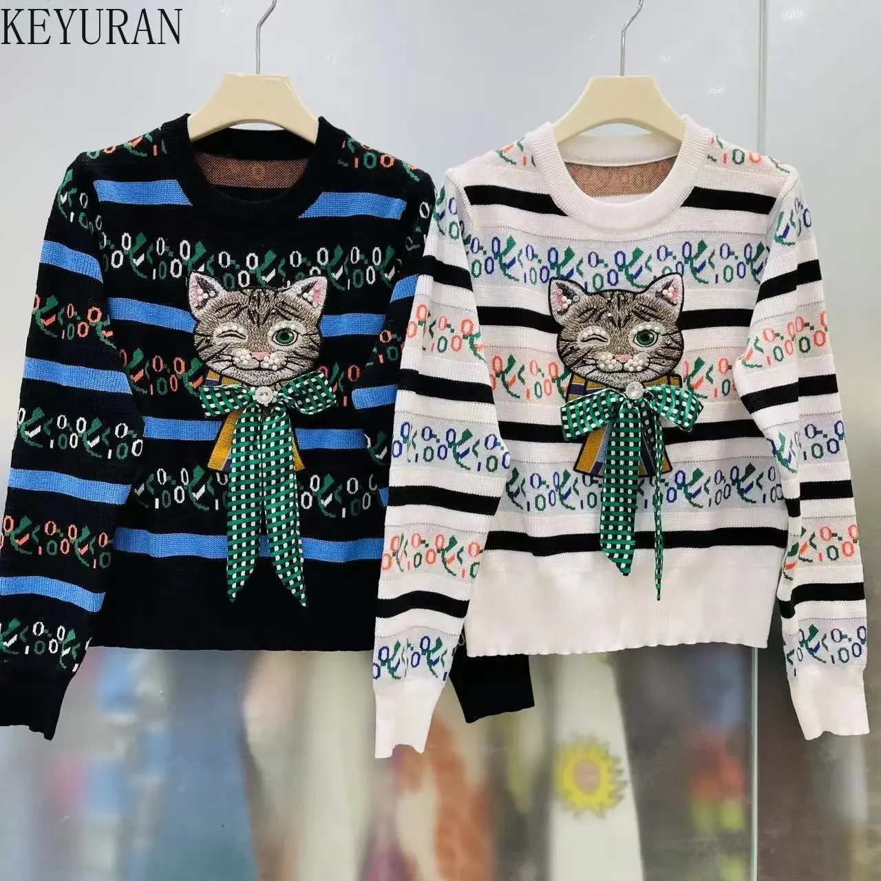 Vintage Beading Cat Embroidery Sweater Pullover Women Spring Autumn New Fashion O-Neck Long Sleeve Striped Knitted Tops Jumper