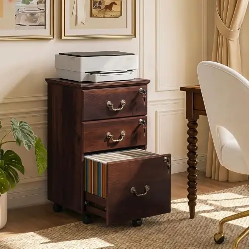 3 Drawer File Cabinet with Lock, Wood Filing Cabinet, Brown Oak | Mobile Wood File Cabinet for Under Desk Storage