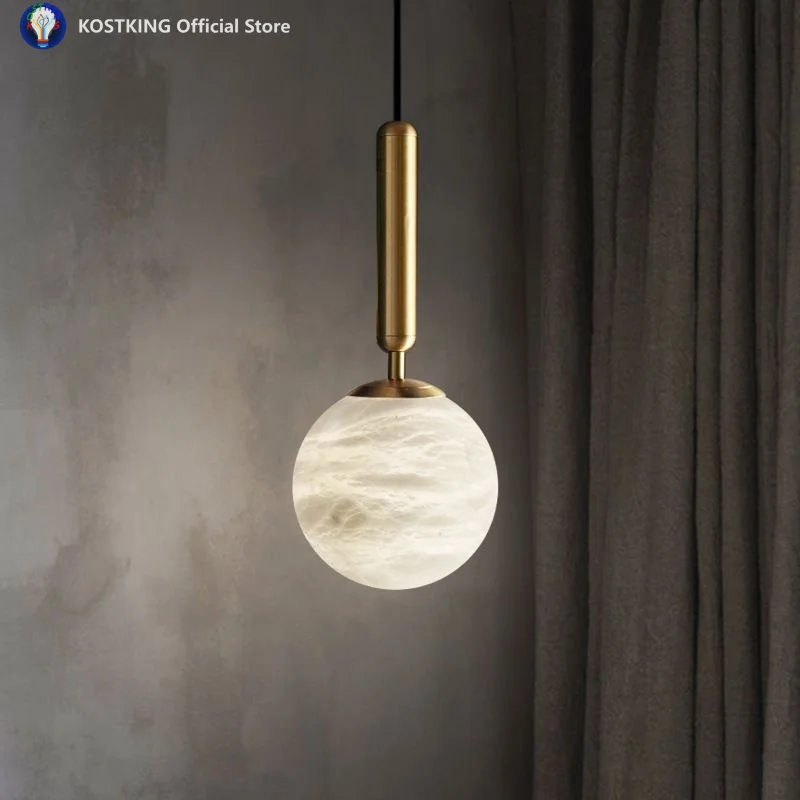 Modern Marble All Copper Pendant Light Single Head Bedroom Bedside Lamp Designer Restaurant Alabaster Chandelier Indoor Decor