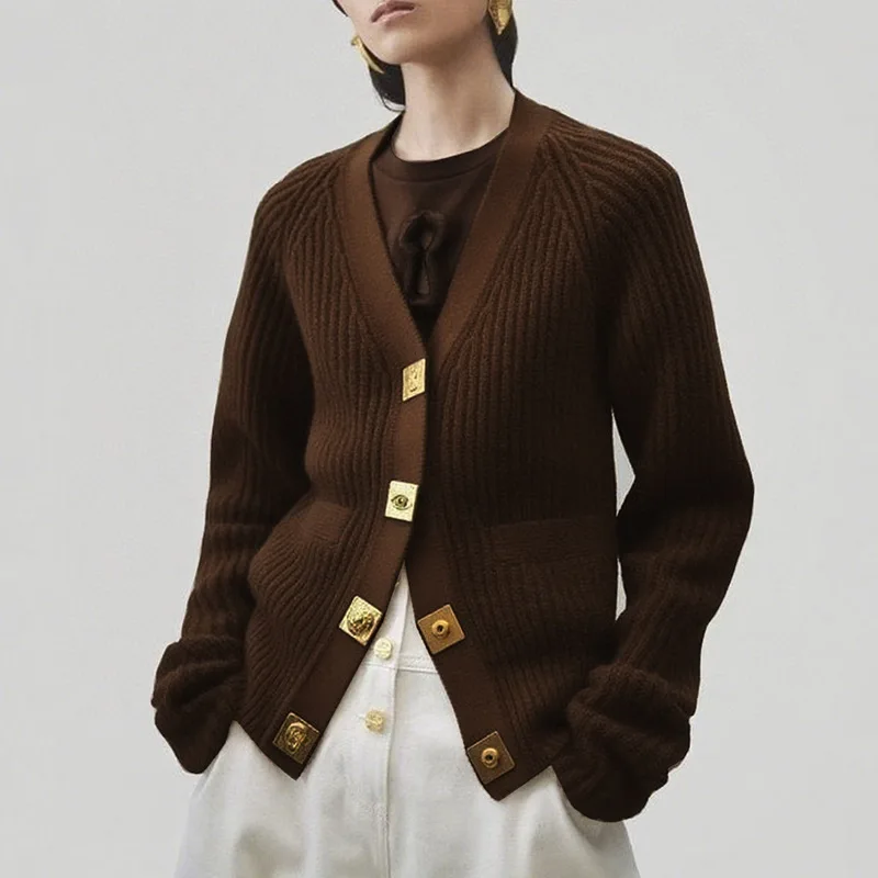 Mode patchwork metalen knop gebreide trui voor dames effen v-hals lange mouwen elegante vest met enkele rij knopen bovenkleding