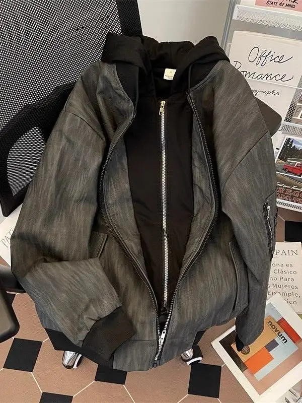 

American Retro Baseball Jaet Men's Loose Couple Hooded PU Leather Texture Coat Fake Two-Piece Outerwear Casual Windproof