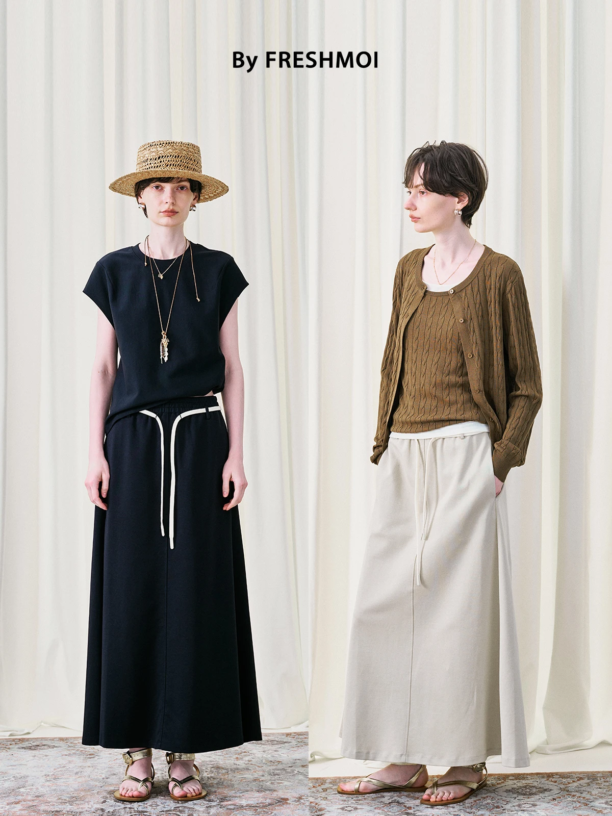 

Комплект из двух предметов: футболка с открытыми плечами и драпированная юбка для женщин, модный повседневный костюм на осень, весну и лето