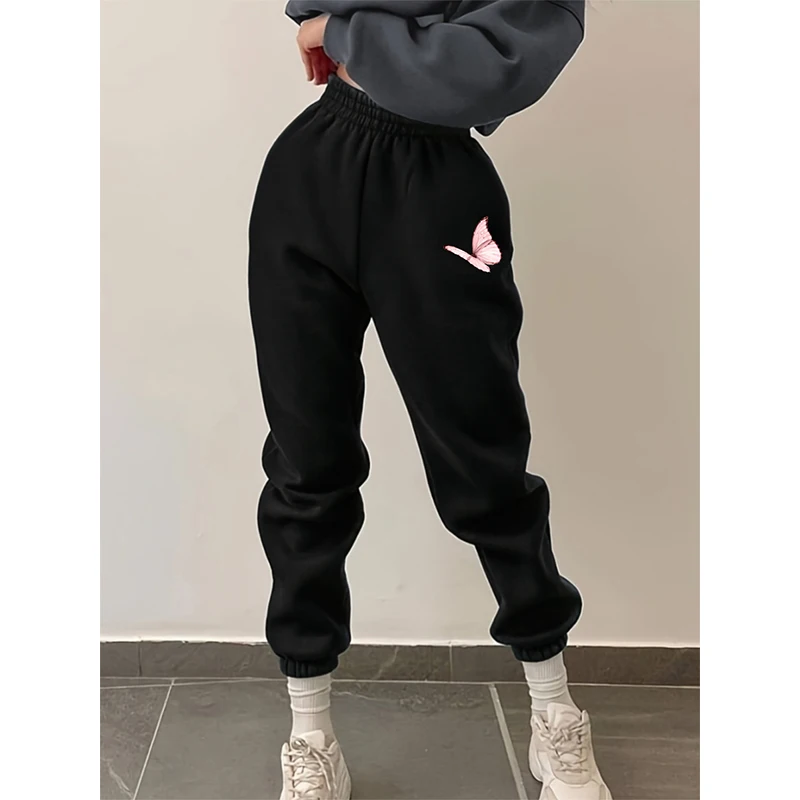 

Pink Butterfly Print Women's Casual Trousers Elastic Waist Loose Women's Drawstring Pants Solid Colour All-match Female Pants