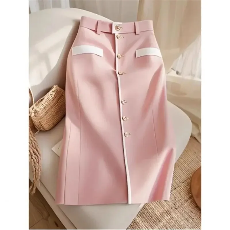 New Elegant Contrast Color Women\'s Skirt Spring Autumn High Waist Slim Single Breasted Patchwork Office Lady A-Line Skirts