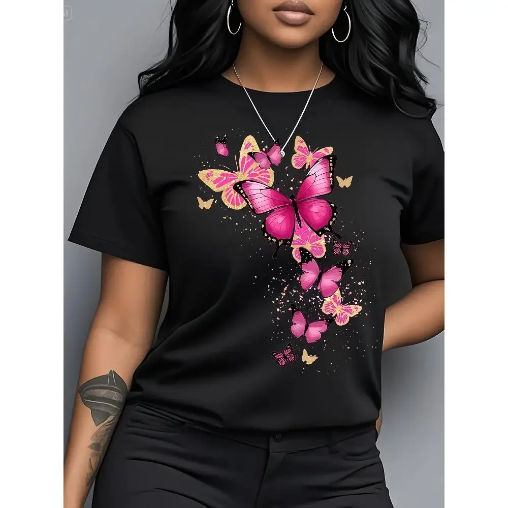 

Женская яркая розовая футболка больших размеров с принтом бабочки и короткими рукавами с круглым вырезом, повседневный летний топ с красочным графическим дизайном